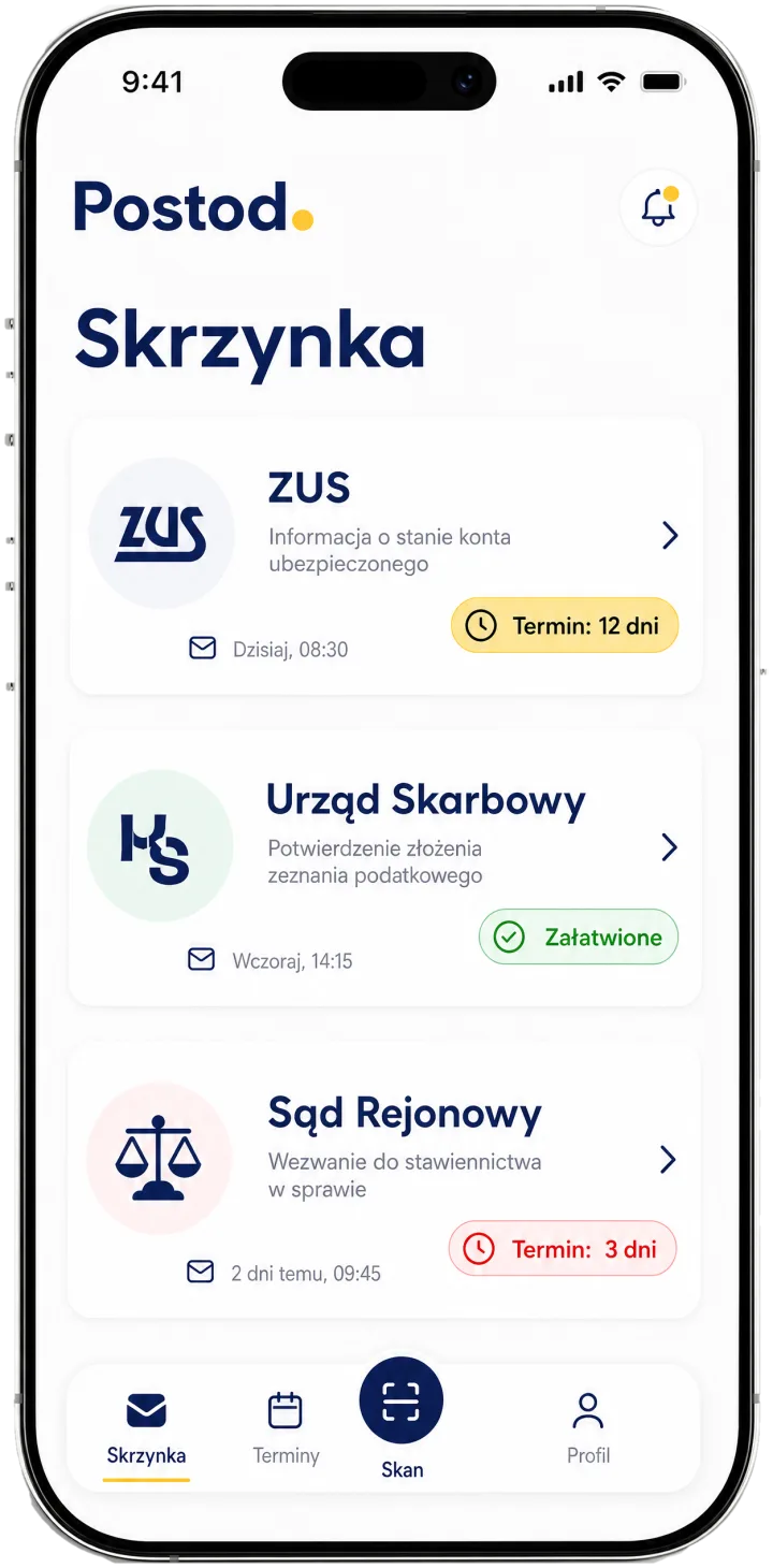 Skrzynka Postod z pismami od ZUS, urzędu skarbowego i sądu rejonowego, z terminami przy każdym piśmie
