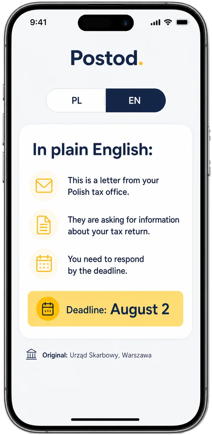 Aplikacja Postod tłumaczy polskie pismo urzędowe na angielski: In plain English, deadline August 2
