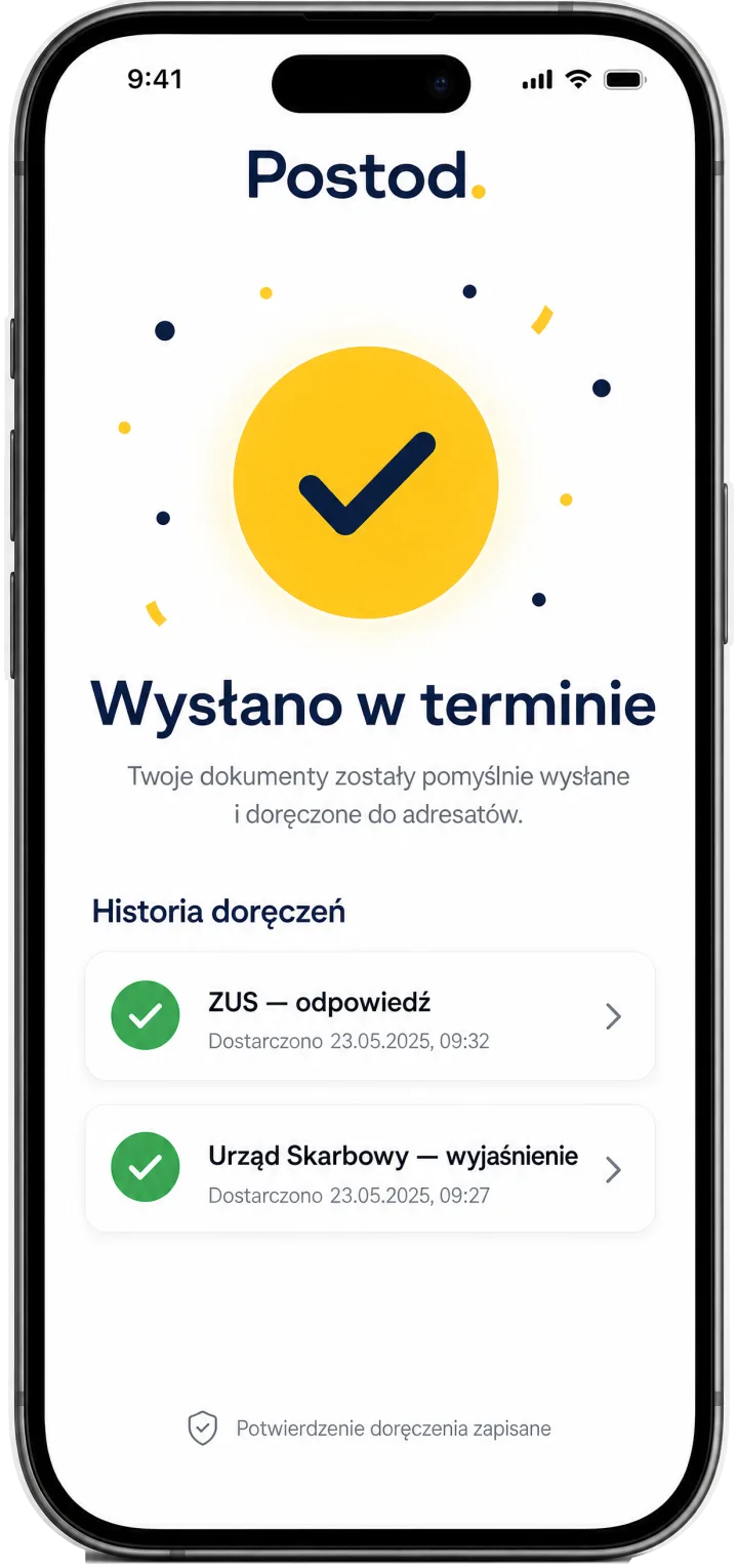 Ekran potwierdzenia w Postod: wysłano w terminie, historia doręczeń do ZUS i urzędu skarbowego z zielonymi potwierdzeniami